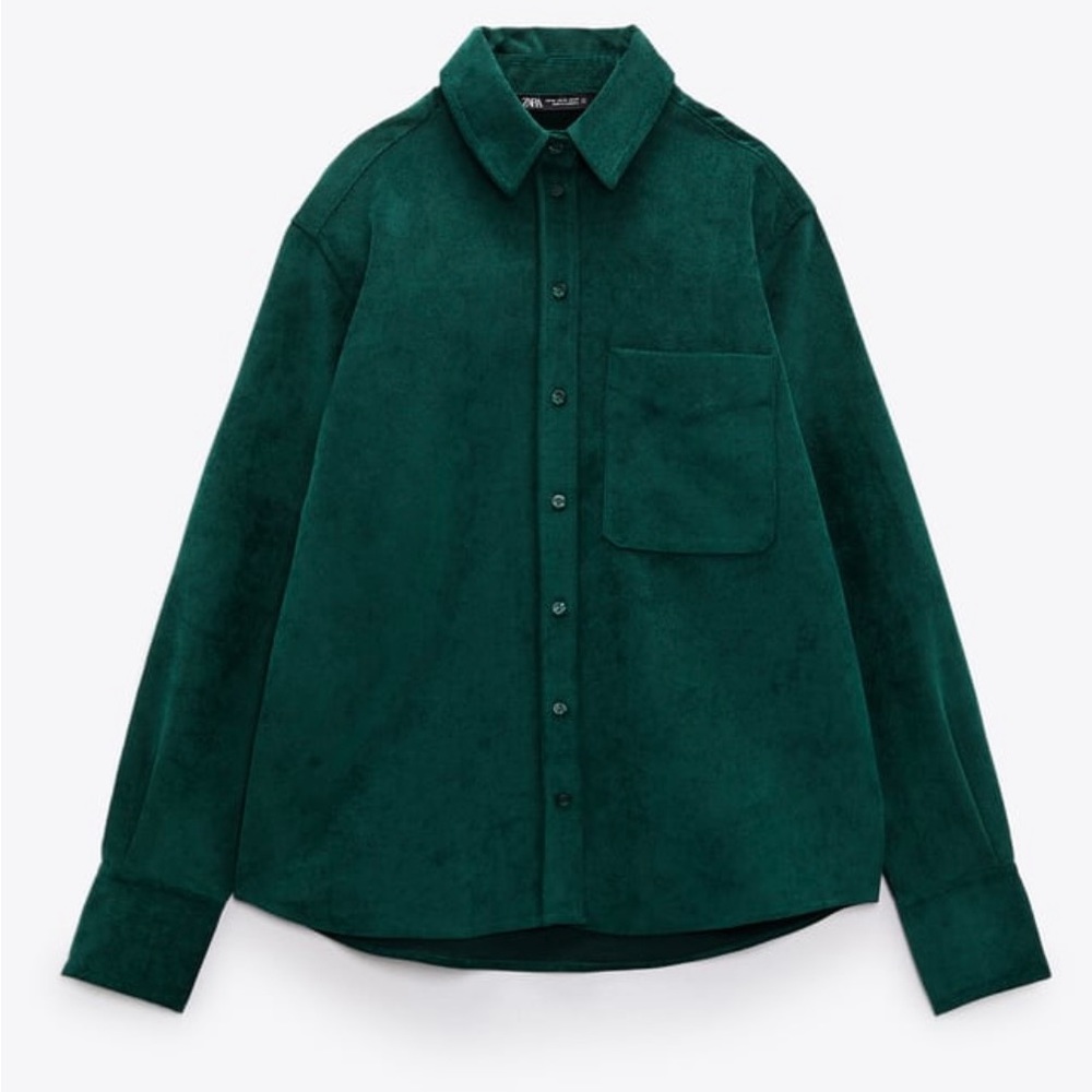Zara | Fine-waled corduroy green button up shirt